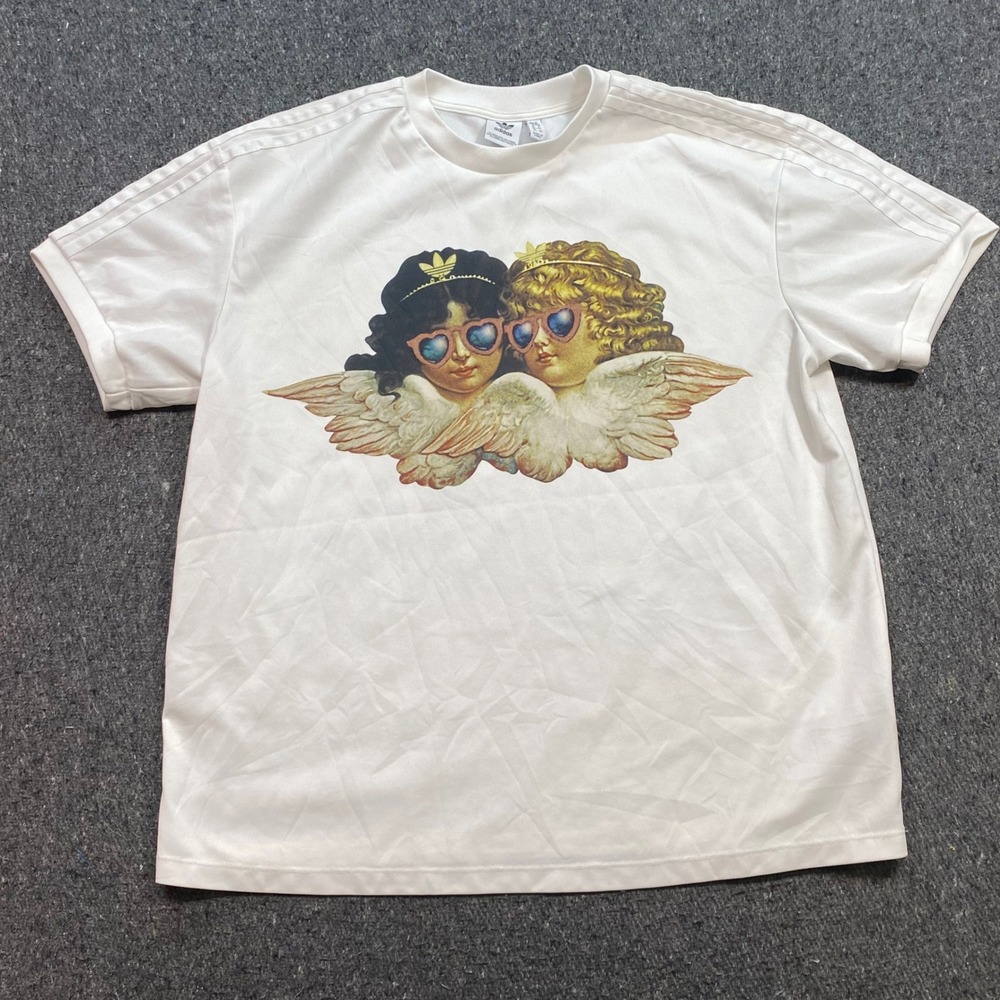 Adidas Fiorucci TShirt Sz M Womens White Streetwear Angels Graphic Tee 3 Stripe